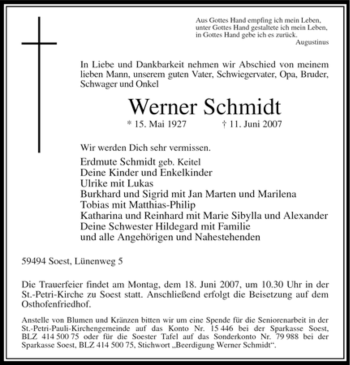 Todesanzeige von Werner Schmidt von WESTFÄLISCHER ANZEIGER