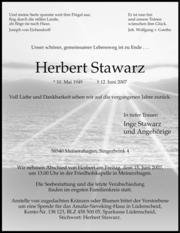 Todesanzeige von Herbert Stawarz von WESTFÄLISCHER ANZEIGER