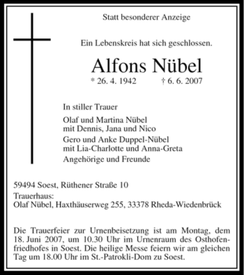 Todesanzeige von Alfons Nübel Alfons von WESTFÄLISCHER ANZEIGER