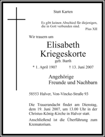 Todesanzeige von Elisabeth Kriegeskorte von WESTFÄLISCHER ANZEIGER