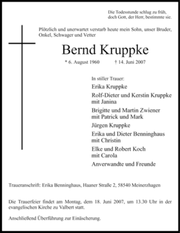 Todesanzeige von Bernd Kruppke von WESTFÄLISCHER ANZEIGER