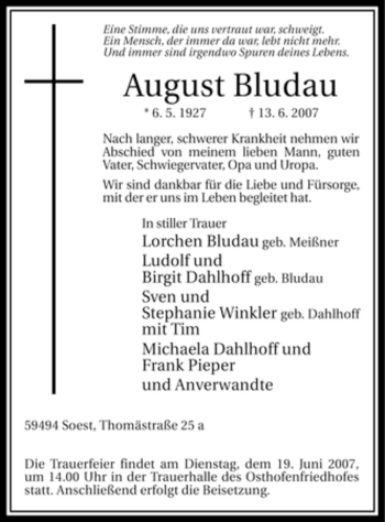 Todesanzeige von August Bludau von WESTFÄLISCHER ANZEIGER