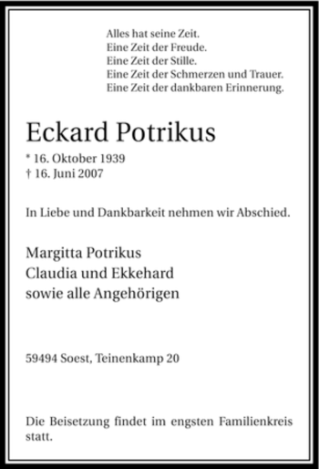 Todesanzeige von Eckard Potrikus von WESTFÄLISCHER ANZEIGER