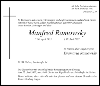 Todesanzeige von Manfred Ramowsky von WESTFÄLISCHER ANZEIGER