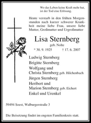 Todesanzeige von Lisa Sternberg von WESTFÄLISCHER ANZEIGER