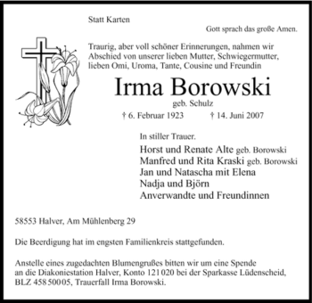 Todesanzeige von Irma Borowski von WESTFÄLISCHER ANZEIGER