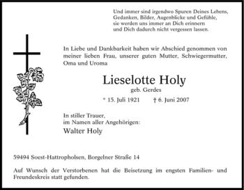 Todesanzeige von Lieselotte Holy von WESTFÄLISCHER ANZEIGER