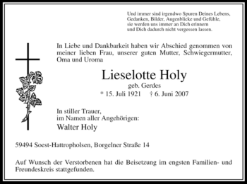 Todesanzeige von Lieselotte Holy von WESTFÄLISCHER ANZEIGER