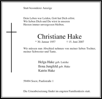 Todesanzeige von Christiane Hake von WESTFÄLISCHER ANZEIGER