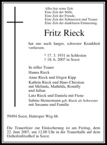 Todesanzeige von Fritz Rieck von WESTFÄLISCHER ANZEIGER