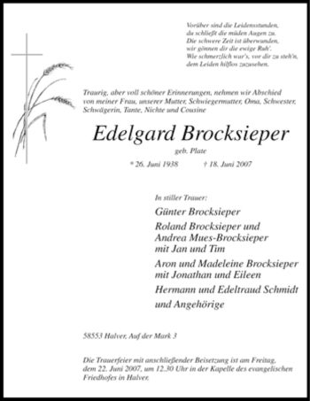 Todesanzeige von Edelgard Brocksieper von WESTFÄLISCHER ANZEIGER