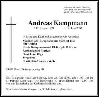 Todesanzeige von Andreas Kampmann von WESTFÄLISCHER ANZEIGER