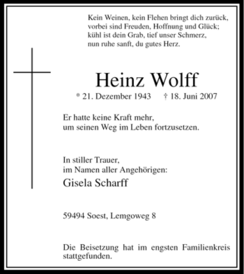 Todesanzeige von Heinz Wolff von WESTFÄLISCHER ANZEIGER