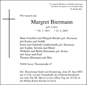 Todesanzeige von Margret Biermann von WESTFÄLISCHER ANZEIGER