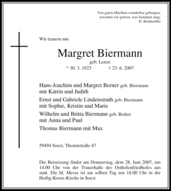 Todesanzeige von Margret Biermann von WESTFÄLISCHER ANZEIGER