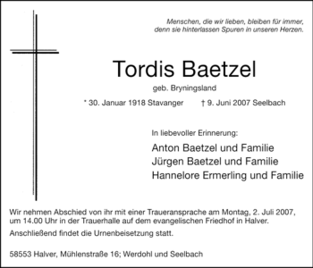 Todesanzeige von Tordis Baetzel von WESTFÄLISCHER ANZEIGER