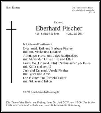 Todesanzeige von Eberhard Dr. med. Fischer von WESTFÄLISCHER ANZEIGER