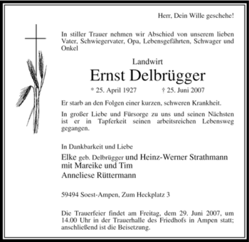 Todesanzeige von Ernst Delbrügger von WESTFÄLISCHER ANZEIGER