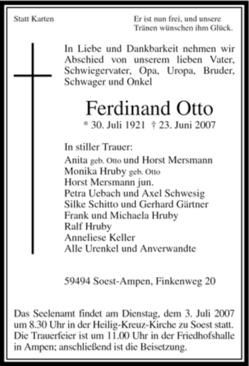 Todesanzeige von Ferdinand Otto von WESTFÄLISCHER ANZEIGER