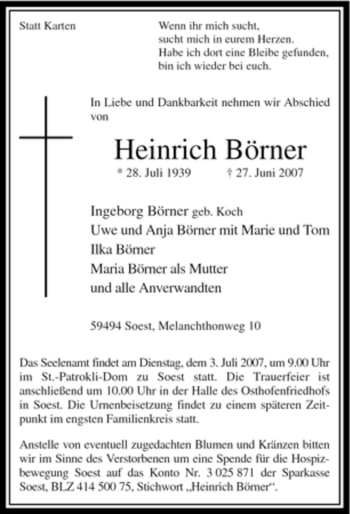 Todesanzeige von Heinrich Börner von WESTFÄLISCHER ANZEIGER