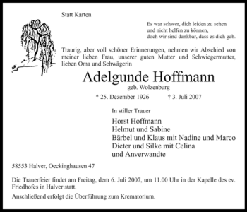 Todesanzeige von Adelgunde Hoffmann von WESTFÄLISCHER ANZEIGER