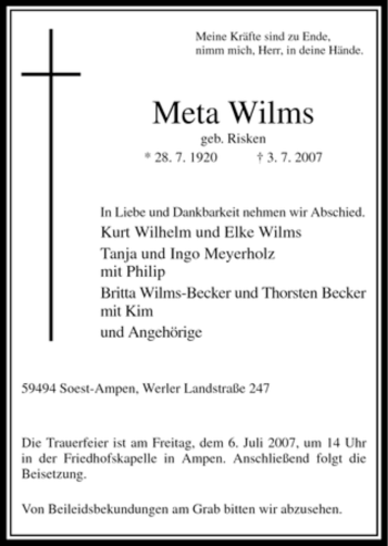 Todesanzeige von Meta Wilms von WESTFÄLISCHER ANZEIGER