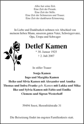 Todesanzeige von Detlef Kamen von WESTFÄLISCHER ANZEIGER