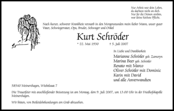 Todesanzeige von Kurt Schröder von WESTFÄLISCHER ANZEIGER