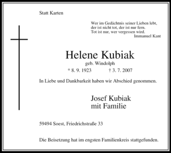 Todesanzeige von Helene Kubiak von WESTFÄLISCHER ANZEIGER