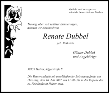 Todesanzeige von Renate Renate Dubbel von WESTFÄLISCHER ANZEIGER