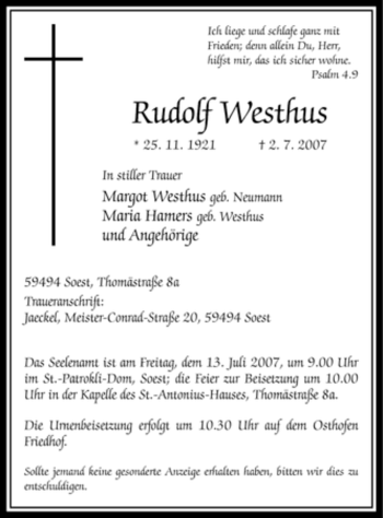 Todesanzeige von Rudolf Westhus von WESTFÄLISCHER ANZEIGER