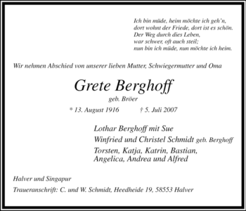 Todesanzeige von Grete Berghoff von WESTFÄLISCHER ANZEIGER