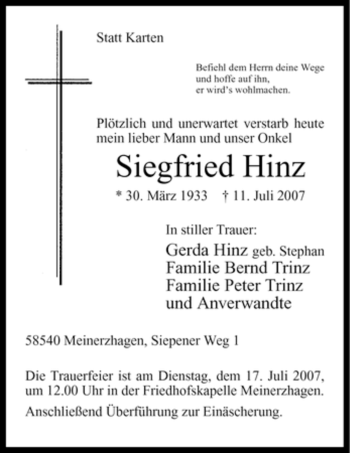 Todesanzeige von Siegfried Hinz von WESTFÄLISCHER ANZEIGER