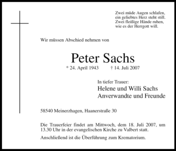 Todesanzeige von Peter Sachs von WESTFÄLISCHER ANZEIGER