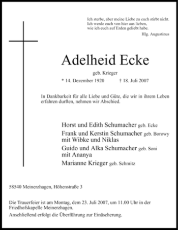 Todesanzeige von Adelheid Ecke von WESTFÄLISCHER ANZEIGER