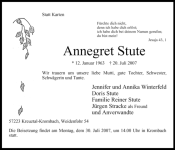 Todesanzeige von Annegret Stute von WESTFÄLISCHER ANZEIGER