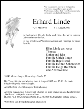 Todesanzeige von Erhard Linde von WESTFÄLISCHER ANZEIGER