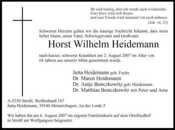 Todesanzeige von Horst Wilhelm Heidemann von WESTFÄLISCHER ANZEIGER