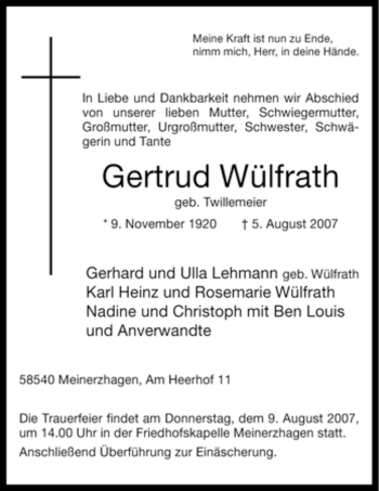 Todesanzeige von Gertrud Wülfrath von WESTFÄLISCHER ANZEIGER