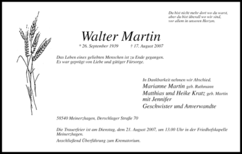 Todesanzeige von Walter Martin von WESTFÄLISCHER ANZEIGER