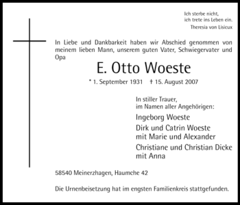 Todesanzeige von E. Otto Woeste von WESTFÄLISCHER ANZEIGER