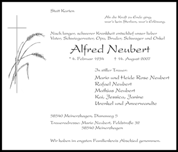 Todesanzeige von Alfred Alfred Neubert von WESTFÄLISCHER ANZEIGER