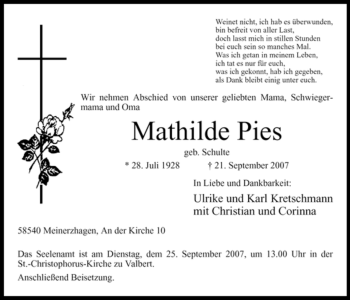 Todesanzeige von Mathilde Pies von WESTFÄLISCHER ANZEIGER