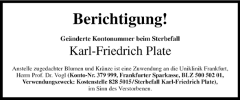 Todesanzeige von Karl-Friedrich Plate von WESTFÄLISCHER ANZEIGER