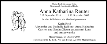 Todesanzeige von Anna Katharina Reuter von WESTFÄLISCHER ANZEIGER