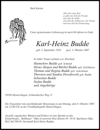 Todesanzeige von Karl-Heinz Budde von WESTFÄLISCHER ANZEIGER