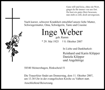 Todesanzeige von Inge Weber von WESTFÄLISCHER ANZEIGER