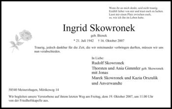 Todesanzeige von Ingrid Skowronek von WESTFÄLISCHER ANZEIGER