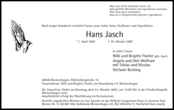 Todesanzeige von Hans Jasch von WESTFÄLISCHER ANZEIGER