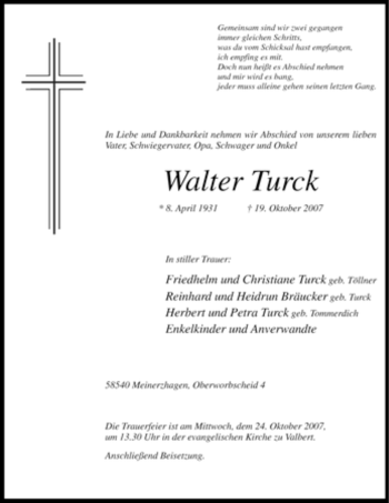 Todesanzeige von Walter Turck von WESTFÄLISCHER ANZEIGER